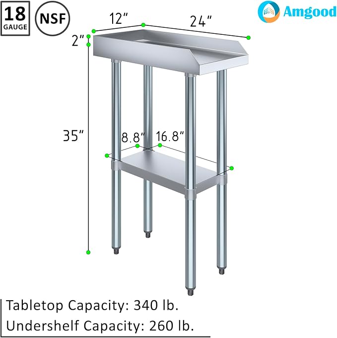 AmGood Commercial Work Table with Backsplash and Sidesplashes | Height: 35" | Stainless Steel Prep Table for Kitchen, Restaurant, Garage, Laundry | NSF (12" Long x 24" Deep)