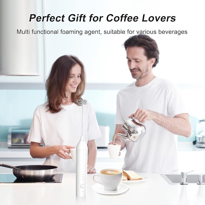 Powerful Electric Milk Frother with Wand and Egg Whisk Attachments, 3 Speed Adjustable Rechargeable Foam Maker Mixer, Milk Frother Handled for Coffee, Protein Powder (White without Stand)