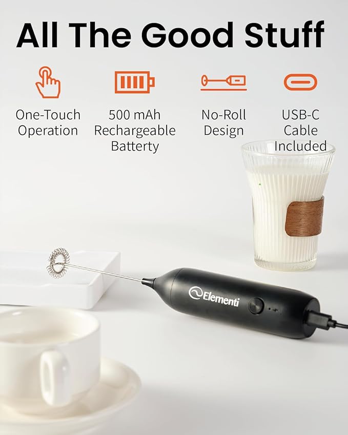 Elementi Milk Frother Wand Rechargeable Drink Mixer - Powerful USB-C Rechargeable Frother & Coffee Mixer Wand - Hand Held Milk Foamer Whisk to Make Perfect Cappuccinos, Lattes & Drink Mixes (Black)