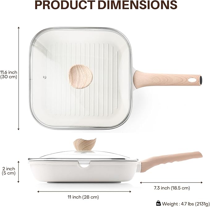 Nonstick Grilling Pan with Lid for Stove Tops, 11 Inch Square Grill Pan for Indoor Cooking, Healthy Coating Grill Skillet with Pour Spouts, Versatile Griddle, Induction Steak Pan, White