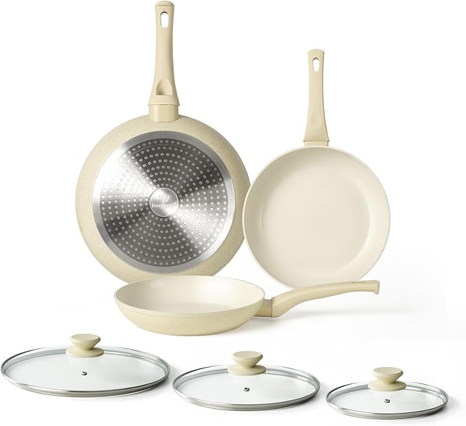 Granite Nonstick Cookware Set - 3 Pcs Induction Skillets, Egg & Omelette Frying Pans with Lids, Healthy, No Toxic, PFOA Free