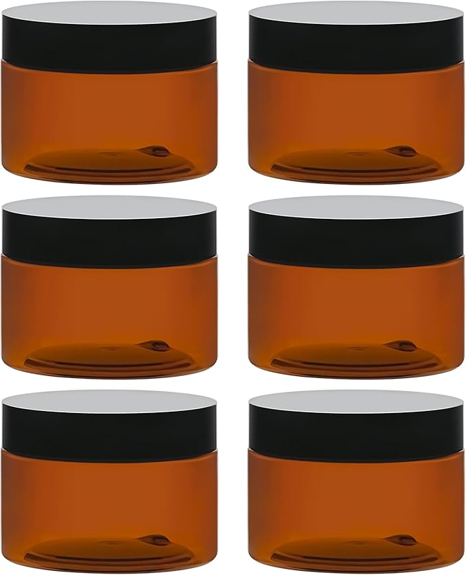 TUZAZO 4 Oz Amber Plastic Cosmetic Jars Leak Proof Small Container with lids for Cream, Lotion, Powder, Ointments, Beauty Products, 6 Pcs