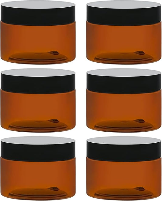 TUZAZO 4 Oz Amber Plastic Cosmetic Jars Leak Proof Small Container with lids for Cream, Lotion, Powder, Ointments, Beauty Products, 6 Pcs