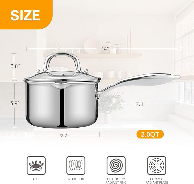 Tri-Ply Stainless Steel Sauce Pan with Steamer Basket & Straining Glass Lid — Heavy-Duty,Thick Base,Rust-Resistant,Warp-Free —100% Food-Grade —Built to Last– Works with All Stovetops, Pasta Pot 2.5 QT