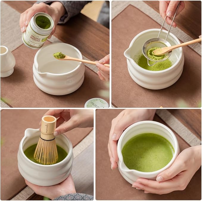 Matcha Whisk Set - Ceramic Bowl, Bamboo Whisk with Holder, Storage Canister, Sifter, Schima Spoon with Rest, Tea Towel - 8 Pcs Complete Kit for Traditional Matcha and Modern Lattes (White)