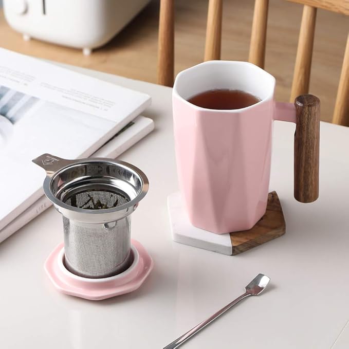 Sweejar Ceramic Tea Infuser Cup with Lid, Wooden Handle Teacup with Strainers for Loose Leaf Tea, 17 oz Geometric Shape Coffee Mug, Steeping Mug with Infuser, Women Christmas Gift (Pink)