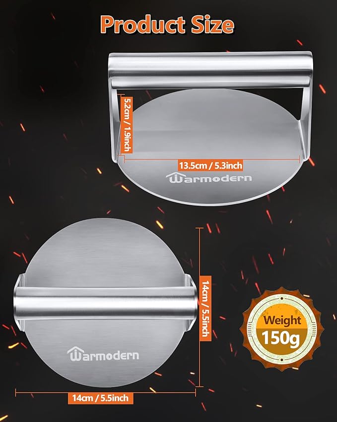 Warmodern Burger Press, Professional Stainless Steel Smash Burger Press, 5.5 inch Round Griddle Accessories Kit for Flat Top Grill, Non-Stick