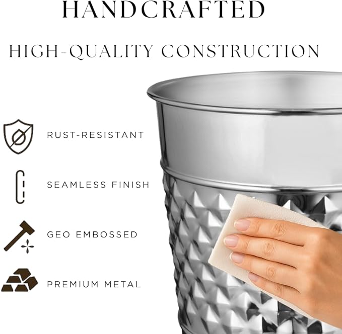 Monarch Abode Nickel Chrome Handcrafted Geometric Embossed Metal Wastebasket for Home, Decorative Waste Basket, Modern Bathroom Garbage Can, Durable & Decorative Trash Bin, Nickel Chrome Trash Can