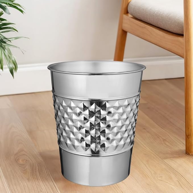 Monarch Abode Nickel Chrome Handcrafted Geometric Embossed Metal Wastebasket for Home, Decorative Waste Basket, Modern Bathroom Garbage Can, Durable & Decorative Trash Bin, Nickel Chrome Trash Can