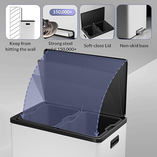 GarveeHome Step Dual Trash Can, 60 L/16 gal Recycle Bins with Lid, 2 Removable Wastebusket, Step Pedal, Large Stainless Steel Double Trash Bin for Kitchen, Bathroom