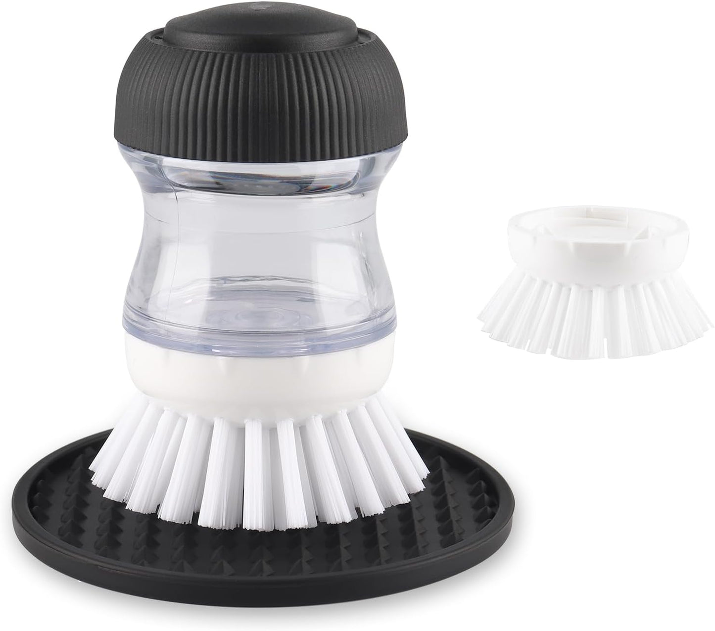 Soap Dispensing Palm Brush, Dish Brush Set with Silicone Drip Tray and One Refill, Kitchen Dish Scrub Brush for Cleaning Pots, Pans, Sinks