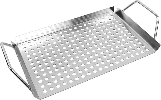 11 x 7 Inch Nonstick Grill Tray with Handles,Perforated Stainless Steel Grill Pans for Outdoor Grill,Heavy Duty Grilling Accessories for Charcoal/Gas Grills,Easy to Use and Clean