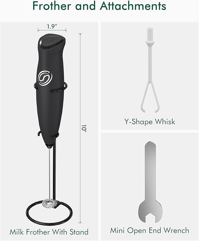 Milk Frother With Stand Handheld Drink Mixer Handheld with 2 Whisks Milk Frother Wand Coffee Frother Electric Whisk Stirrers Electric Milk Frother for Coffee Mixer Wand-Night Black