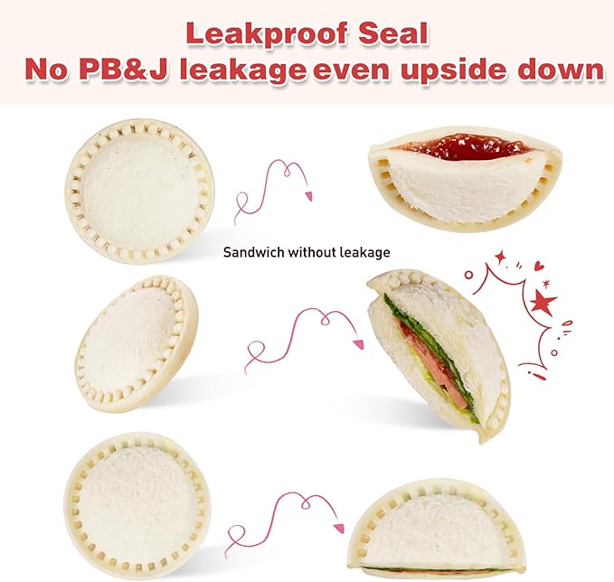 Leak-Proof & BPA-free Sandwich Cutter and Sealer for PB&J, Round Crustless Kitchen Tool, Kids Lunch Snacks Maker for Biscuit, Cookie-Dough, Red