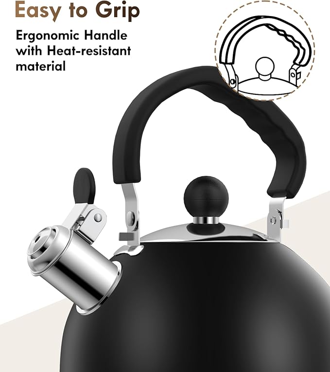 Premium Stainless Steel Tea Kettle for Stove Top - 2 Quart Capacity, Efficient Heating, Audible Whistle, Safe Handle - Ideal for Hot Water & Tea(black)