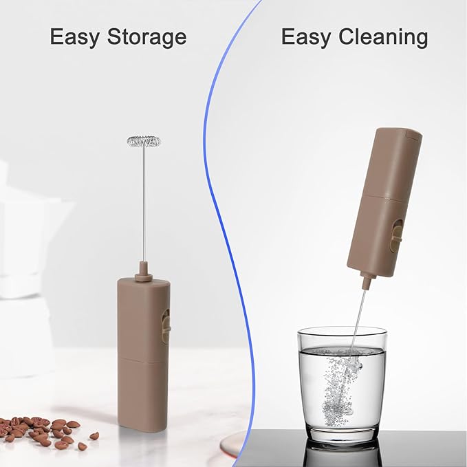 Powerful Electric Milk Frother, Battery Operated Drink Blender, Foam Maker Mixer, Milk Frother Handled for Coffee, Latte, Matcha, Protein Powder (Brown)