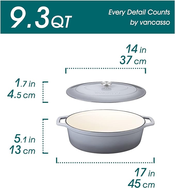 vancasso Enameled Cast Iron Dutch Oven, 9.3 Quart Dutch Oven Pot with Lid, Oval Dutch Oven Cast Iron Pot with Non Stick Enamel Coating for Bread Baking