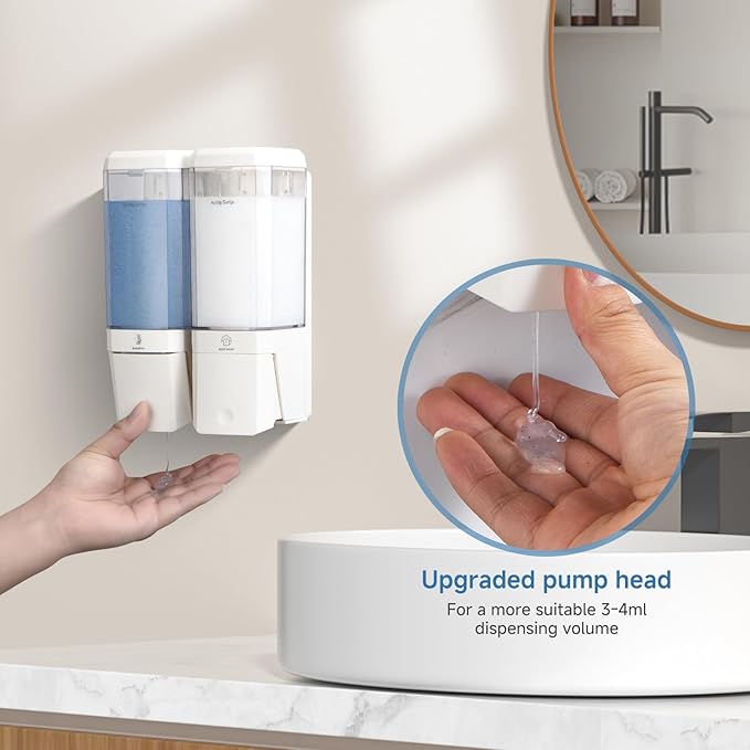 Shampoo and Conditioner Dispenser Wall Mounted, Shower Soap Dispenser No Drill Upadate Easy Slot Install, Shampoo Dispenser for Shower Bathroom Large Capacity 500ml * 2 Chamber Holder White