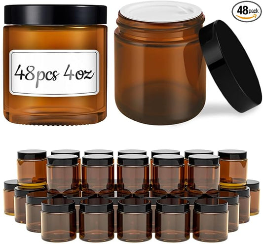 Tecohouse 4 oz Amber Glass Jar with Lids, 48 Pack Small Candle Jars with Lids & Sticker, Empty Cosmetic Containers for Sample, Cream, Spice, Lotion, Ointments Drying jar