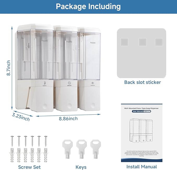Shampoo and Conditioner Dispenser Wall Mounted, Shower Soap Dispenser No Drill Upadate Easy Slot Install, Shampoo Dispenser for Shower Bathroom Large Capacity 500ml * 3 Chamber Holder White Self
