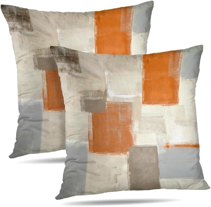 Orange and Grey Abstract Art Artwork Pillow Cover, Gallery Modern Decorative Throw Pillows Cushion Cover for Bedroom Sofa Living Room 24 x 24 Inch Set of 2