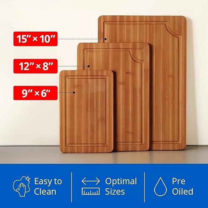 Crack Resistant Cutting Boards for Kitchen Serving & Meal Prep - Bamboo Wood Board Set with Deep Juice Grooves & Side Handles - Charcuterie & Chopping Butcher Block for Meat (3 Pcs)