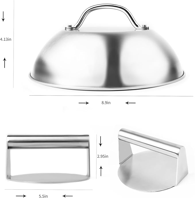 Smash Burger Press & Melting Dome Kit – 5.5" Grill Press + 8.9" Basting Cover | Heavy-Duty Stainless Steel Griddle Accessories for Flat Top Grill & Stovetop Cooking