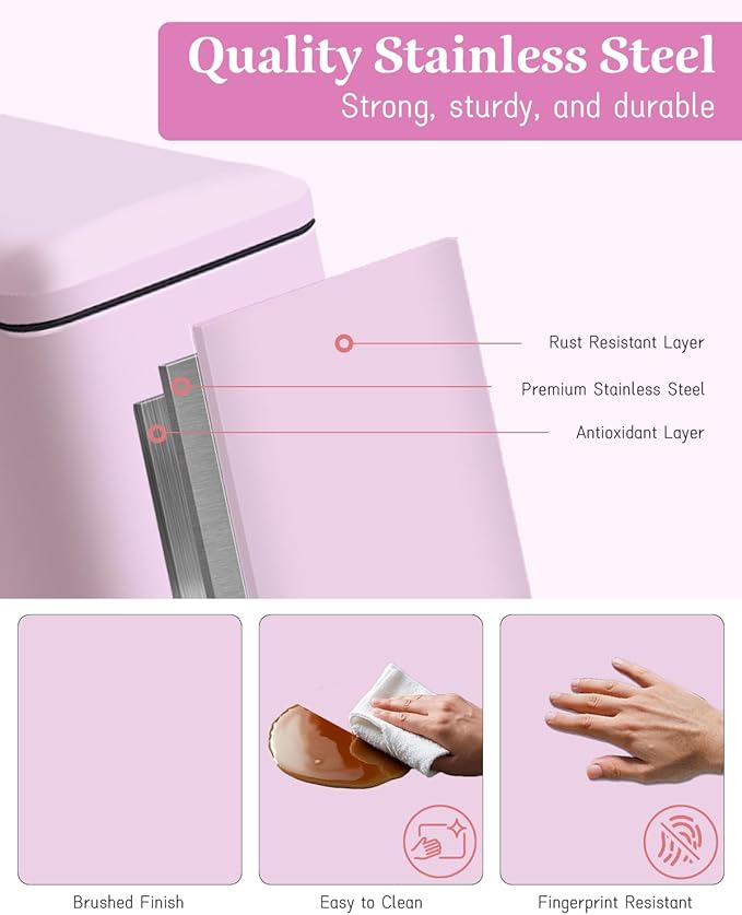 Bathroom Trash Can, 10L/2.6 Gallon Stainless Steel Slim Garbage Can, Pedal Trash Bin with Removable Liner Bucket, Soft Close Lid, Rectangle Trash Bin for Office, Kitchen, Bedroom, Pink