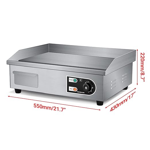 22" Electric Countertop Flat Top Griddle 1600W 110V Non-Stick Commercial Restaurant Teppanyaki Grill Stainless Steel Adjustable Temperature Control 50~300℃