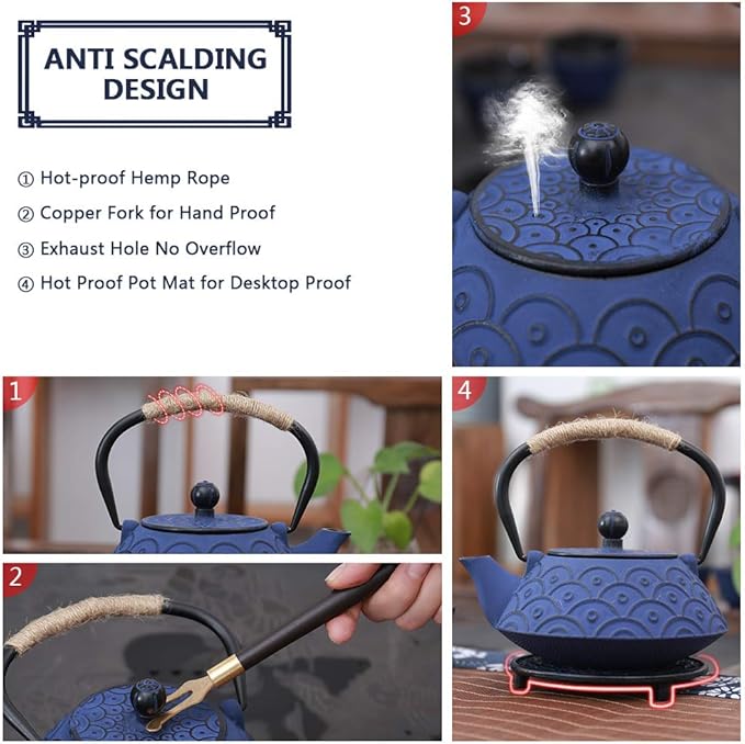 Japanese Style Cast Iron Teapot Set with 4 Tea Cups Iron Tea Kettle with Infuser Hemp Rope Trivet Asian Gift for Adults Parents (Fish Scale Pattern, Blue,Anti Rust)