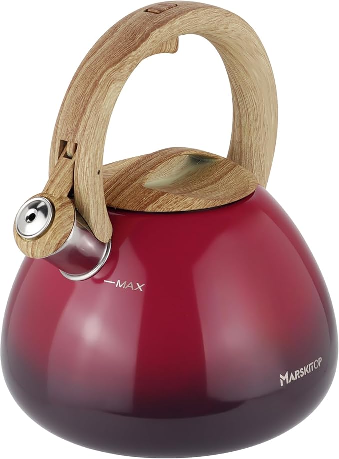 MARSKITOP Tea Kettle for Stove Top, Food Grade Stainless Steel Teapot for Stovetop, Tea Pot for Stove with Anti-Hot Handle, Stove Top Whistling Tea Kettle for Boiling Water, 2.6 Quart, Red
