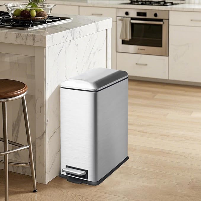 30L/Slim 8 Gallon Stainless Steel Trash Can with Soft-Close Lid & Removable Inner Bucket, Fingerprint-Proof, Odor-Controlled Kitchen Bathroom & Office Waste Bin, Silver