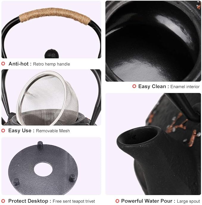 Cast Iron Teapot with Tea Cups Trivet Japanese Style Tetsubin Tea Kettle with Infuser Iron Tea Set Gift for Adult Father Mother Family (Black,Magpie on the Plum Design)