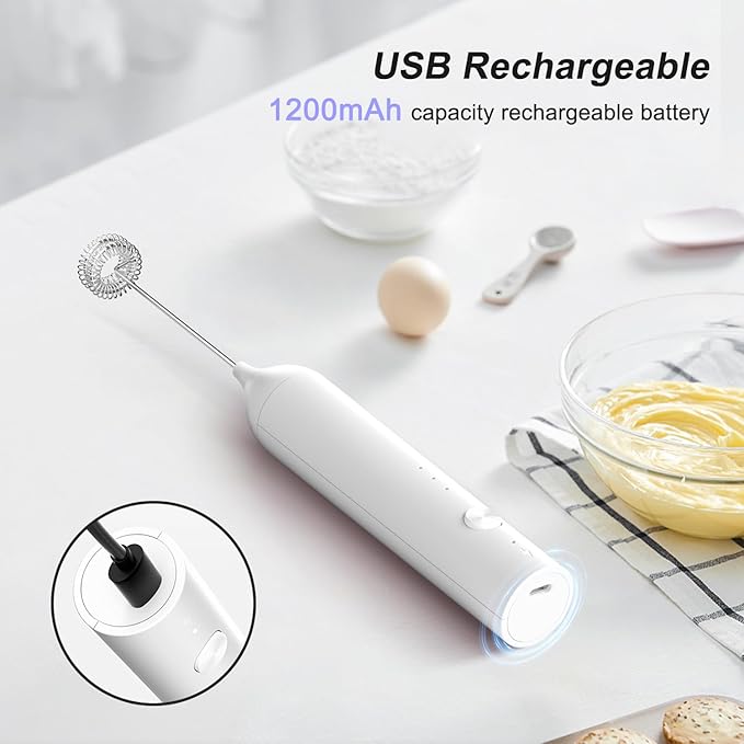 Powerful Electric Milk Frother with Wand and Egg Whisk Attachments, 3 Speed Adjustable Rechargeable Foam Maker Mixer, Milk Frother Handled for Coffee, Protein Powder (White without Stand)