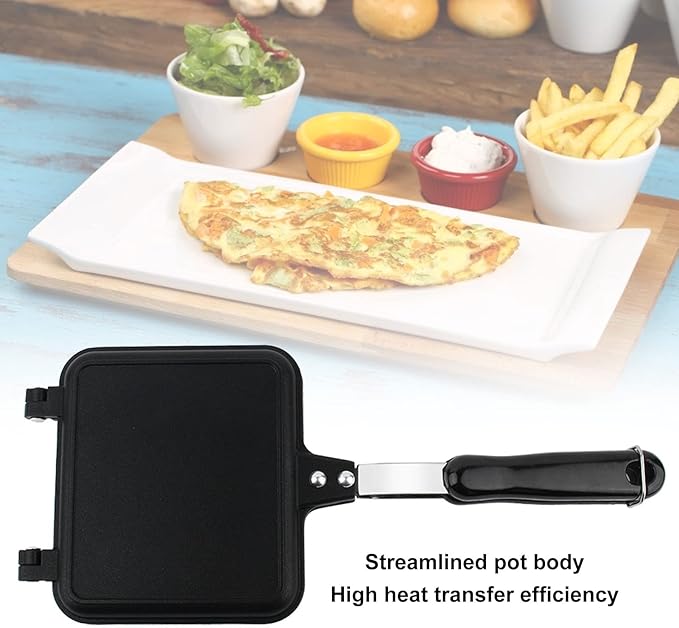 Double Sided Frying Pan, Sandwich Grill Maker with Non Stick Cast Iron Grilling Plate - Foldable Grill for Breakfast, Toast, Panini, Waffle