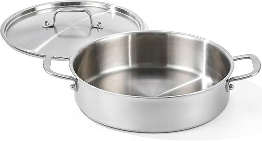DELARLO Tri-Ply Stainless Steel 3.5 Quart Braiser Pan with Lid Induction Rondeau Pot With Lid 12inch Deep Frying Pan Large Saute Pan Heavy Duty Style Compatible With All Cooktops Up to 650℉