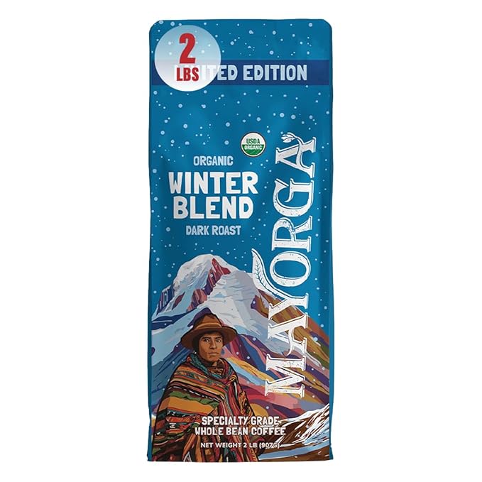 Mayorga Seasonal Dark Roast Coffee, 2 lb bag - Winter Blend Coffee Roast - 100% Arabica Whole Coffee Beans - Bold & Smooth Organic Coffee - Specialty Grade, Non-GMO, Direct Trade, Kosher