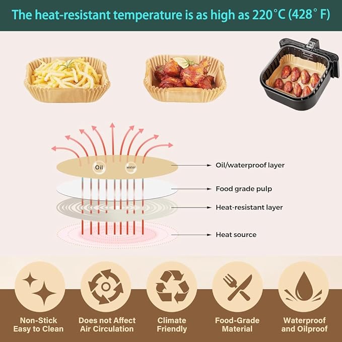 parchment paper for air fryer, 8.9inch square air fryer liners disposable,125PCS Non-stick parchment paper sheets for 8-12QT airfryer liners, Baking, Roasting Microwave
