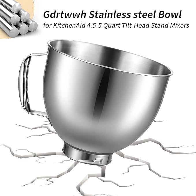 Gdrtwwh 5QT Flat Beater, 5QT Dough Hook, 5 Quart Bowl, 6-Wire Whip Attachment for KitchenAid Tilt-Head Stand Mixer, Dishwasher Safe