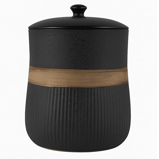 Escenzy Black Bathroom Trash Can with Lid 5L | 7" x 10" | Decorative Small Garbage Can | Modern Ceramic Waste Basket for Bathroom, Bedroom, Kitchen, Hotels or Living Room Decor | Luxe Restroom Decor