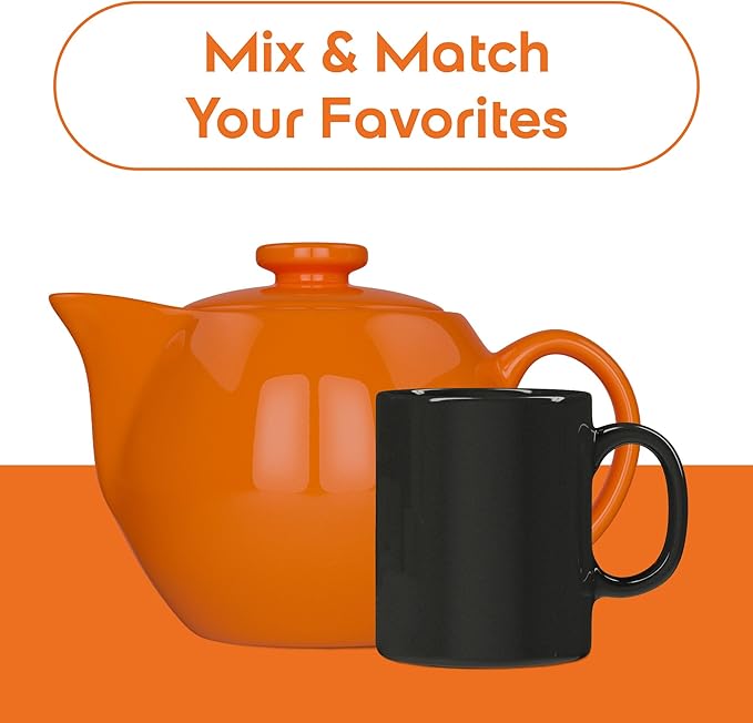OmniWare 14 Oz Stoneware Teapot with Stainless Steel Mesh Infuser (Orange) - Microwave & Dishwasher Safe, Removable Infuser, Retro-Style Kitchenware Ideal for Loose Tea Brewing