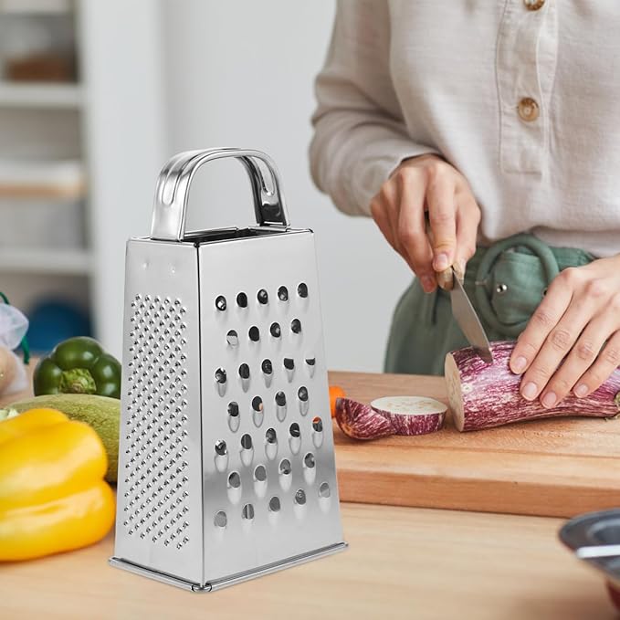 Cheese Grater - Stainless Steel Vegetable Grater with Handle, 4-Sided Multifunction Kitchen Box Garlic Slicer, for Cheese, Potato, Fruit & Vegetable 6.5 x 3.5 x 2.5 inch