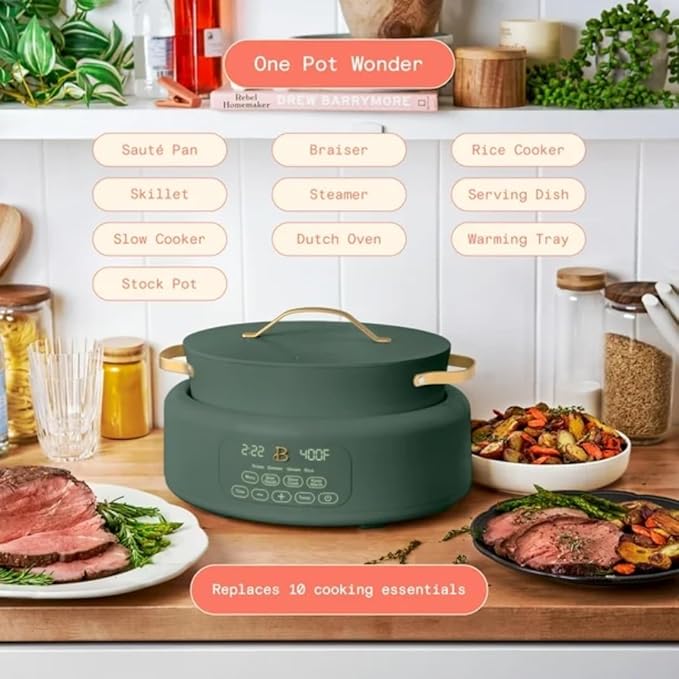 Beautiful 10-in-1 Electric Multi-Cooker by Drew Barrymore, 6-quart, digital display, 10 cooking functions, non-stick pot, easy one-touch control (Thyme Green)