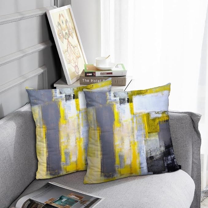 Yellow and Grey Abstract Art Artwork Pillow Cover, Gallery Modern Decorative Throw Pillows Cushion Cover for Bedroom Sofa Living Room 22 x 22 Inch Set of 2