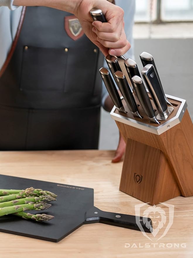Dalstrong Knife Block Set-8pc-Vanquish Series-Forged High Carbon German Steel-Kitchen Knife Set-Premium Wood Block-Black POM Handle-NSF Certified-Men's Valetines Gift
