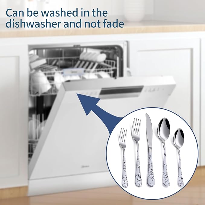 20-Piece Silverware Set with Stainless Steel Flatware - White Marbling Handle Cutlery - Dinner Knives, Forks, Spoons - Dishwasher Safe