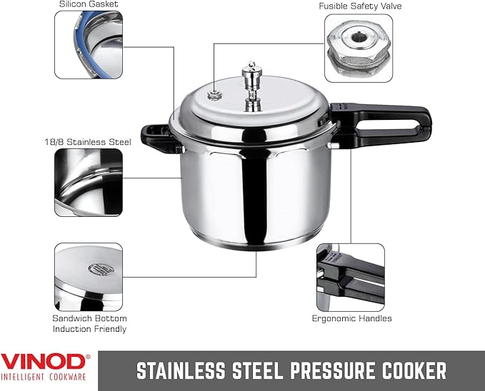 Vinod Pressure Cooker Stainless Steel – Outer Lid - 10 Liter – Induction Base Cooker – Indian Pressure Cooker – Sandwich Bottom – Best Used For Indian Cooking, Soups, and Rice Recipes, Quinoa