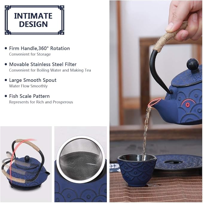 Japanese Style Cast Iron Teapot Set with 4 Tea Cups Iron Tea Kettle with Infuser Hemp Rope Trivet Asian Gift for Adults Parents (Fish Scale Pattern, Blue,Anti Rust)