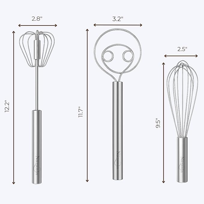 NAZANIN 3-Piece Whisk Set – 304 Stainless Steel Mixing Whisk, Danish Dough Whisk, Semi-Automatic Egg Whisk – Heavy Duty Hand Whisks for Baking, Dough, Eggs, Coffee, Kitchen Tools