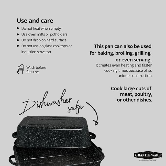 Granite Ware 21-Inch Covered Rectangular Roaster - Enamel Steel Cookware, Nonstick & Chemical-Free, Dishwasher Safe - 25 Lb Capacity, Large Roasting Pan for Meats, Poultry, Vegetables (Speckled Black)